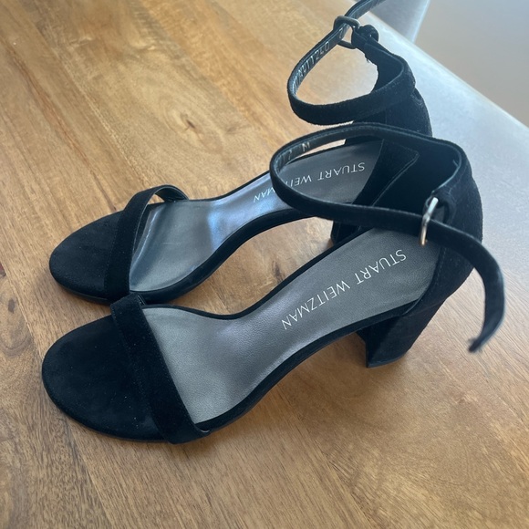 Stuart Weitzman Black Suede Ankle-Strap Block Heels - Picture 2 of 6